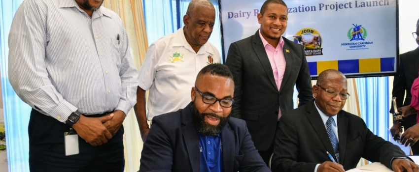 Minister of Agriculture, Fisheries and Mining, Hon. Floyd Green (back row right) and State Minister in the Ministry, Hon. Franklin Witter (back row centre) observe as Chief Executive Officer, Jamaica Dairy Development Board (JDDB), Devon Sayers (seated left) and President of the Northern Caribbean University (NCU), Dr. Lincoln Edwards (seated right), sign a partnership agreement for the JDDB- NCU Dairy Revitalization Project at the institution on Thursday (March 28). Also, present is Chairman, JDDB, Dr. Der