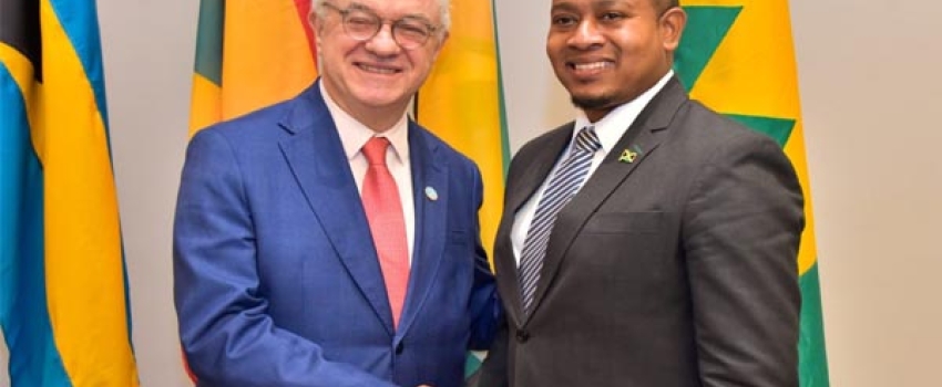 Minister of Agriculture, Fisheries and Mining, Hon. Floyd Green (right) greets the Food and Agriculture Organization Assistant Director General, Mario Lubetkin (left) during the opening ceremony of the High-level Ministerial Meeting for Caribbean ministers of Agriculture and the FAO of the united Nations held at AC Hotel by Marriott in Kingston on Monday (September 18).