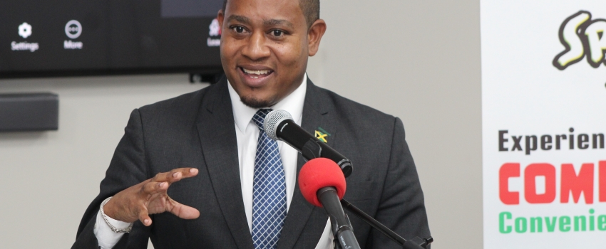 Minister of Agriculture, Fisheries and Mining, Hon. Floyd Green, addresses an audience at the Spur Tree Spices Jamaica ‘Spice Up Di Ting’ Launch held on May 1, at the Jamaica Promotions Corporation’s (JAMPRO) Kingston office.