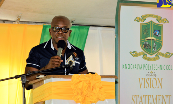 Minister of Agriculture and Fisheries, Hon Pearnel Charles Jr. delivers the main address at the Farm Fest 2023 Agricultural and Educational Show at Knockalva Polytechnic College in Ramble, Hanover on Thursday, April 27.