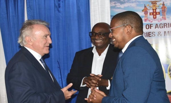 Minister of Agriculture, Fisheries and Mining, Hon. Floyd Green (right), converses with Managing Director, AJAS Aviation Services Barry Bryne (left) and Quality Manager, Export Complex Montego Bay, Dalton Hastings, during the new FACE of food stakeholder engagement at the Terra Nova All-Suite Hotel in St. Andrew on Thursday (November 2).