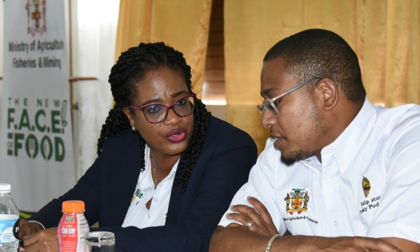Minister of Agriculture, Fisheries and Mining, Hon. Floyd Green (right) in conversation with Chief Technical Director, Michelle Parkins, during a Stakeholder Engagement Session for the Ministry's 'New FACE of Food' strategy, which was held at the Casa Lagoona Hotel in St. Thomas, on November 15.