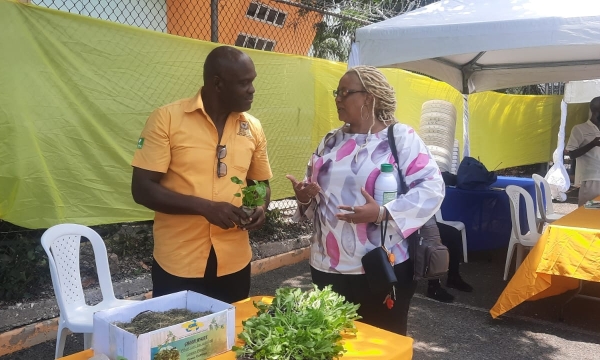Land Management Officer at the Rural Agricultural Development Authority, Robert Tulloch (left), with Compost Expo patron, Carolyn Stewart. The Expo was held at the National Solid Waste Management Authority’s head office in Kingston on May 12.